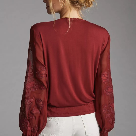 NWT Anthropologie Deep Red Embroidered Button Down Top - Picture 2 of 9
